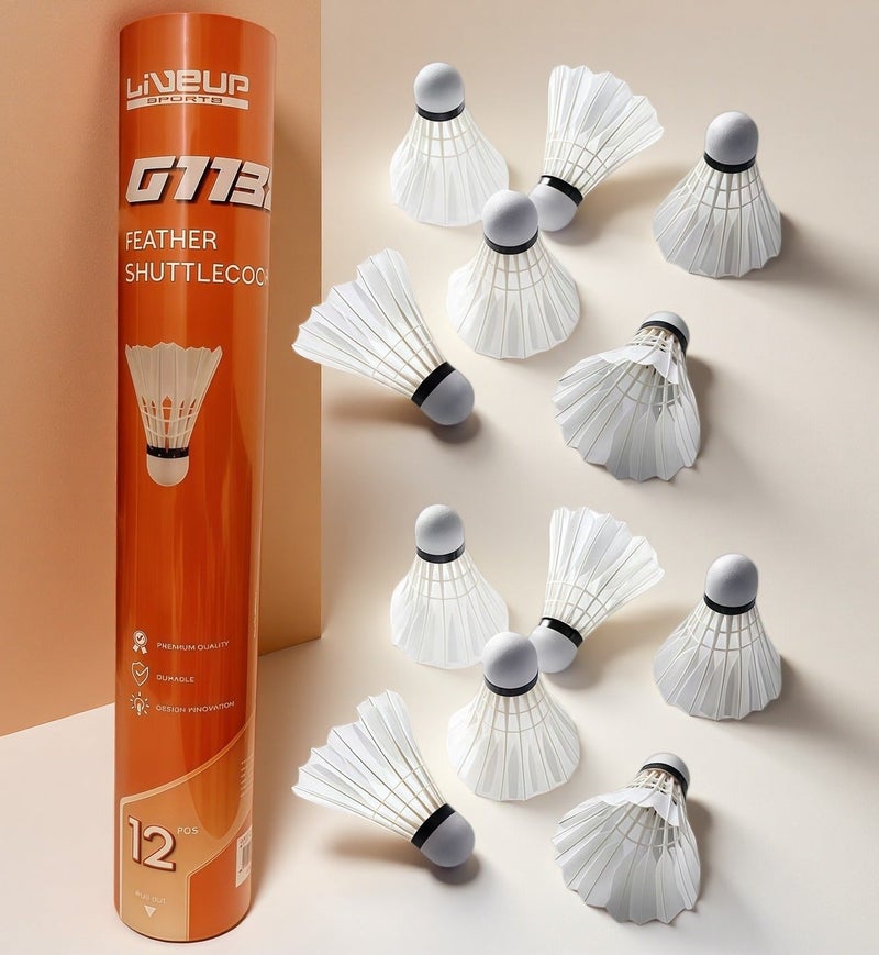 12-Pack Badminton Shuttlecocks, White, Premium Goose Feathers, Cork Ball Head, Durable Competition Grade, Stable Flight - Image 1